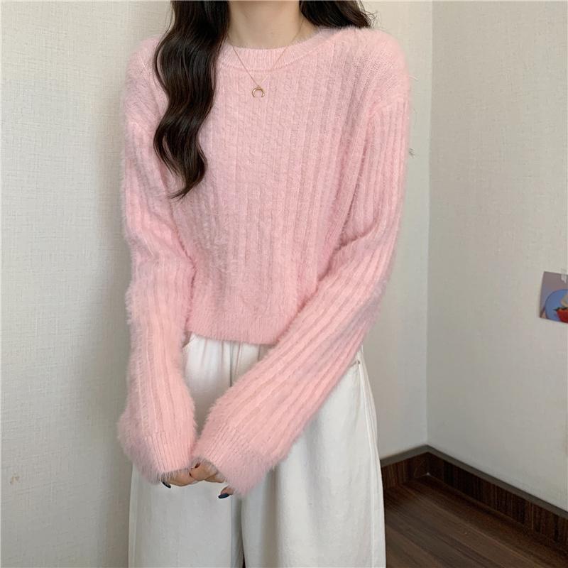 Pink Sweater Women Knitted Pullover Sweater O Neck Long Sleeve Loose Casual Jumper Furry Fall Winter Women Sweater Cropped Tops Short Clothes