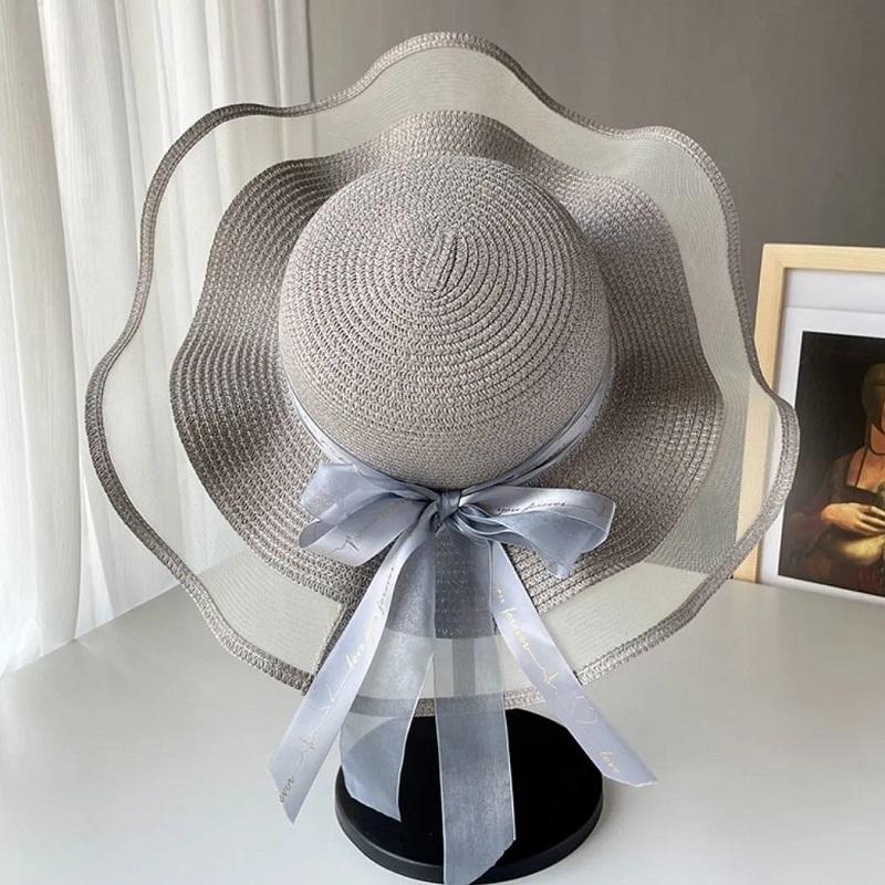 Women's Summer Bow Mesh Straw Hat Transparent Beach Vacation Sun Cap Sunscreen Anti-UV Wide Brim Cool Hat Sun Hat