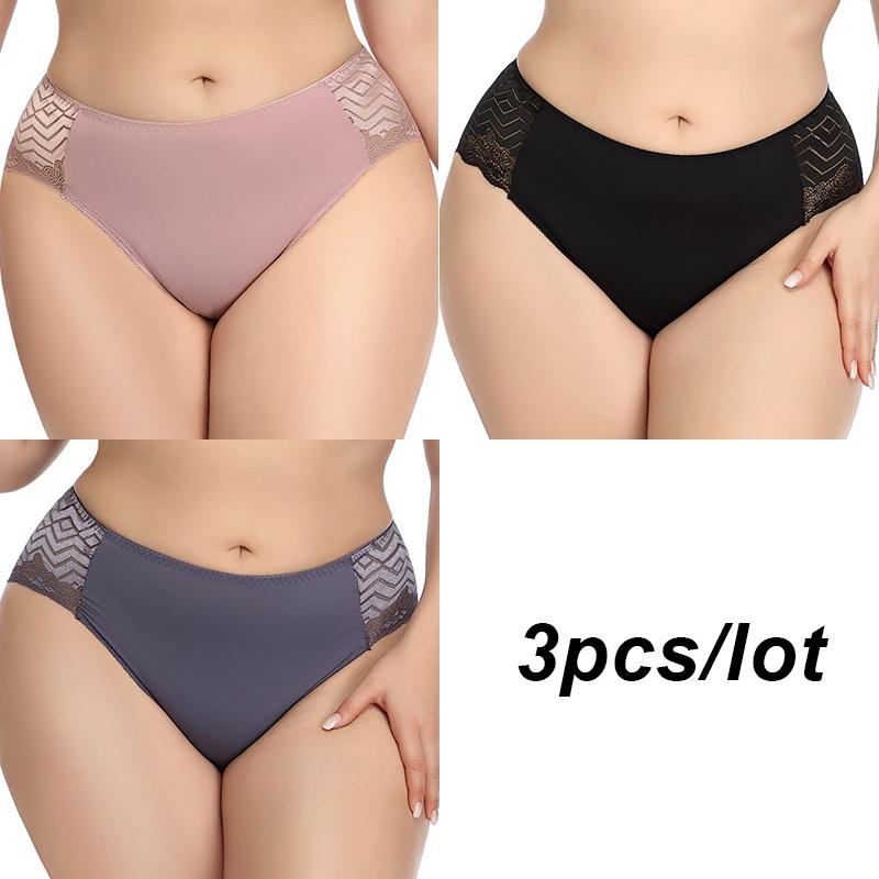 3PCS Sexy Lace Women's Briefs Large Size 2XL-5XL Seamless Mid-waist Panties Women