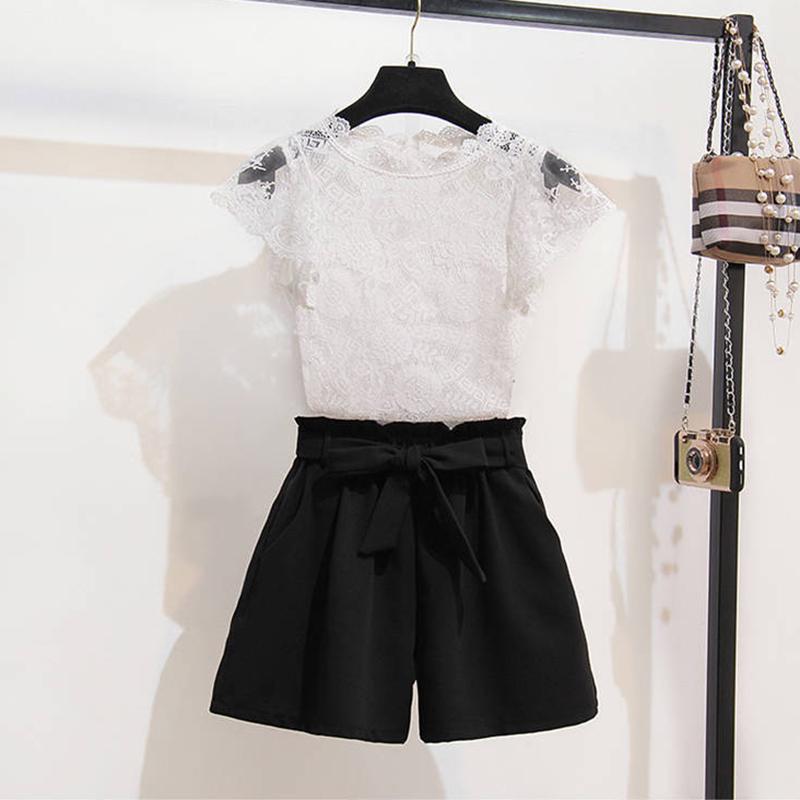 Women Thin High Quality O-Neck Cotton Lace T-Shirt+High Waist Elastic Shorts Two Piece Set