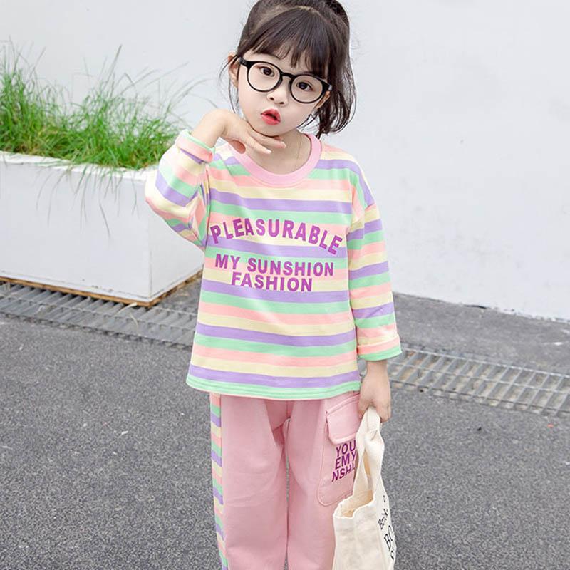 Girls Spring and Autumn Clothes Comfortable Loose Long Sleeves + Casual Pants Suits Girls Baby Color Stripes Cute Two-piece Set