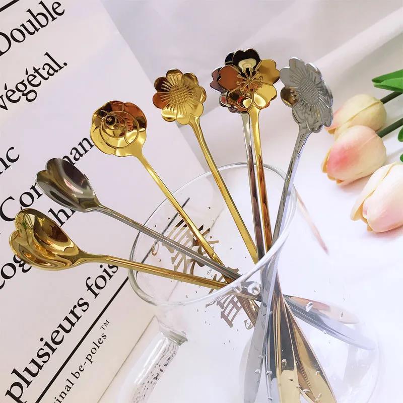 Creative Japanese Gold Stainless Steel Spoon Vintage Golden Coffee Tea Spoon Flower Sugar Dessert Tea Bar Coffee Tableware