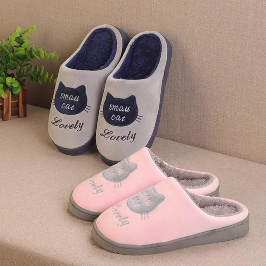 Women Slippers Pink Cute Cat Thick Fleece Warm Home Indoor Couples Plus Size Cotton Shoes Men Blue Slippers Non Slip