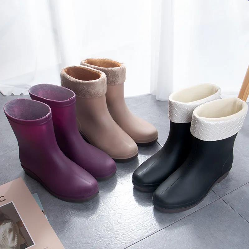 Female Autumn and Winter Rain Boots Adult Mid-tube Rain Boots   Rubber Shoes Non-slip Plus Velvet Cotton Warm Waterproof Shoes