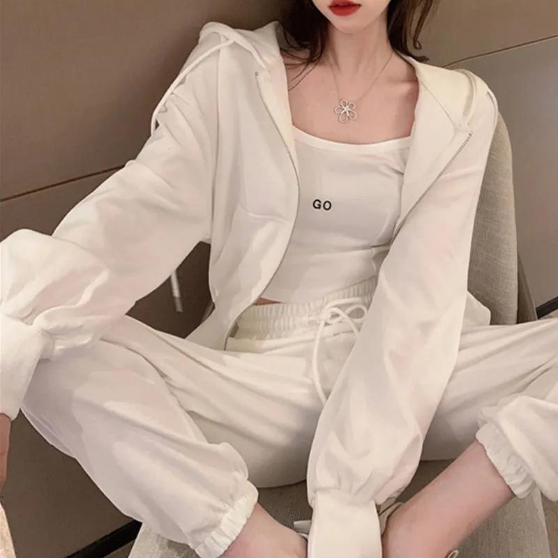 3PCS Women's Casual Sports Suit Autumn Loose and Thin Sweater Coat + Vest + Leggings Trousers Three-piece Zipper Cardigan Suit Girls Athletic Clothing