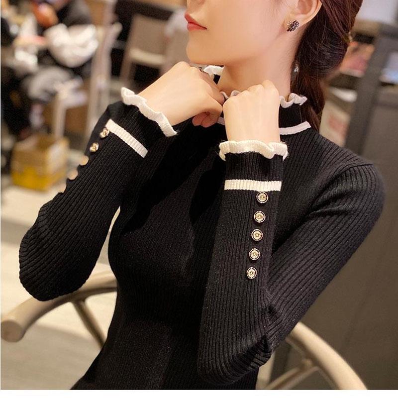 Knitted Bottoming Shirt Women Autumn and Winter Button Decoration Half Turtleneck Sweater Young Women Sweater