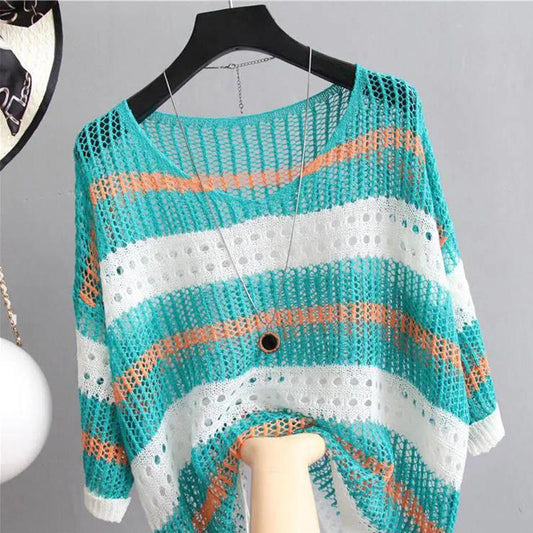 Colored Hollow Striped Large Size Knit Sweater Loose Retro Pullover Thin Blouse Sunscreen