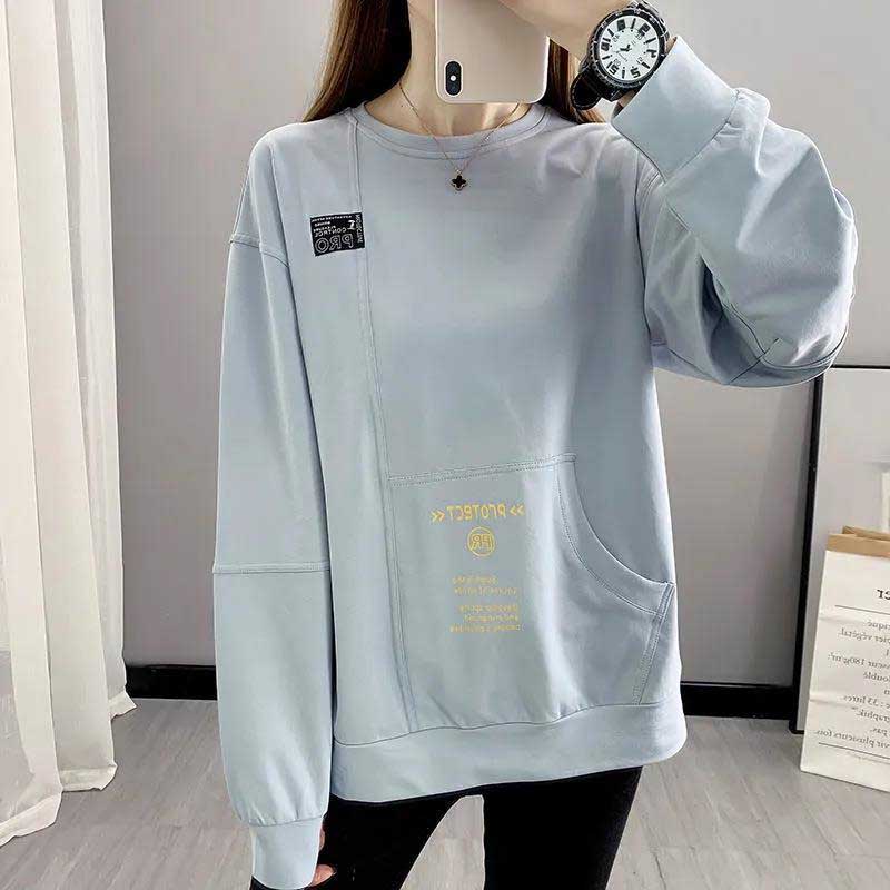 Spring and Summer Large Size Loose Pocket Sweater Women's Bottoming Casual Long-sleeved T-shirt Top