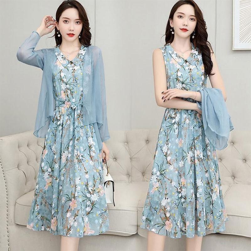 Two-Piece Chiffon Dress Women's Belly Cover Long Skirt Top Sun Coat Skirt