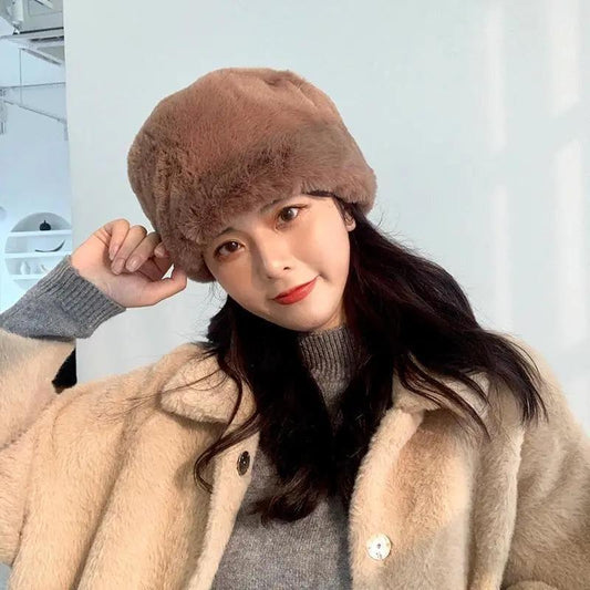 Ladies Winter Fisherman Hat Plush Velvet Warm Hat Ear Protection Pure Color Rabbit Fur Blend Dome Beret Top Hat Puffy Warm Soft Headgear