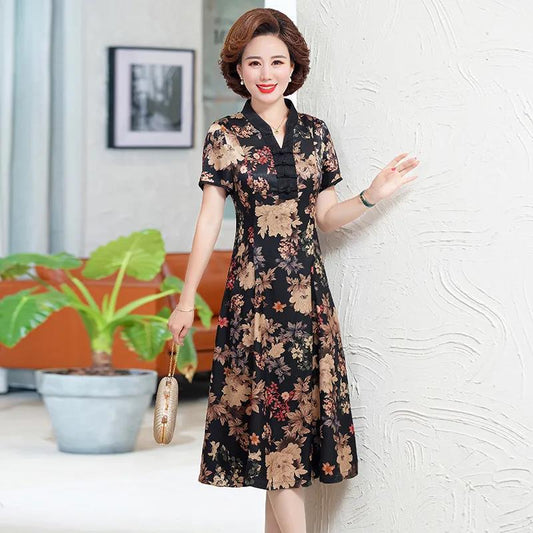 Mother Dress Floral Dress Summer Middle-aged and Elderly Women's Cheongsam Style Western Style Skirt Middle-aged Over-the-knee Long Skirt