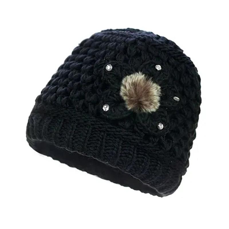 Women's Autumn and Winter Vintage Hat Mother Knitting Wool Thickening Plus Velvet Padded Warm Hat Handmade Knitted Floral Retro Cold-resistant Cap