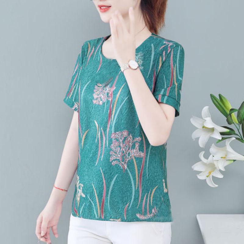 Women Thin Gauze Shirt Flower Print T-shirt Summer Short Sleeve Shirt Casual Tunic Pullover