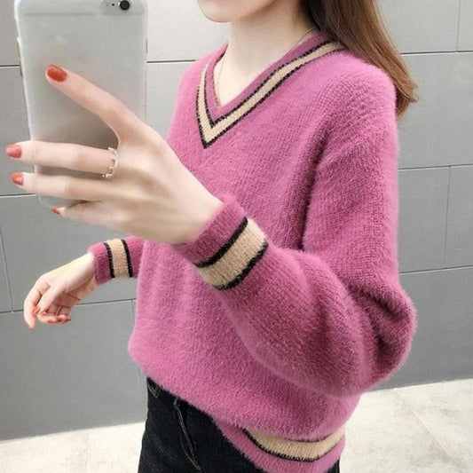 Autumn and Winter Mohair Loose Top V-neck Short Knitted Sweater Fashion Simple Women's Bottoming Shirt