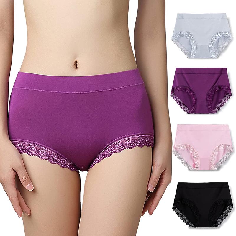 4PCS Ladies Underwear Women Seamless Panties Plus Size Sexy Modal High Waisted Solid Color Lace for Granny Briefs 4 Pack