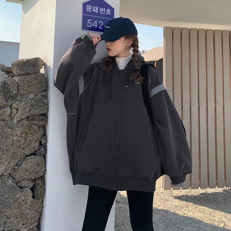 Hooded Sweater Women's Fleece Thickening Autumn and Winter Korean Version Loose Cardigan Mid-length Baseball Uniform Retro Jacket Zipper Coat