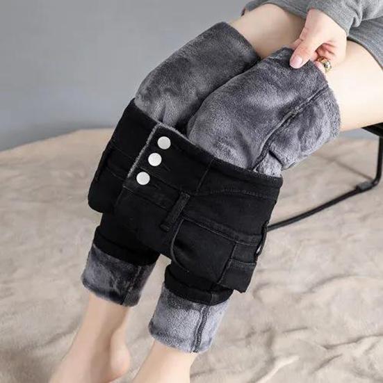 Women's Winter High Waist Plush Jeans Female Large Size Elastic Slim Pants Casual Warm Long Pencil Pants