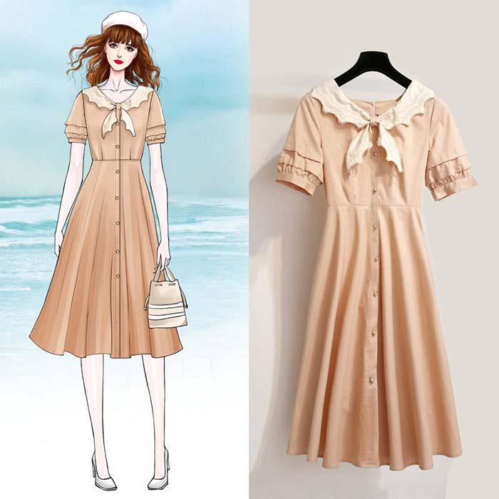 Pofulove Women Retro Doll Collar Dress Student Short Sleeve Short A-line Sun-dresses Beach Skirt