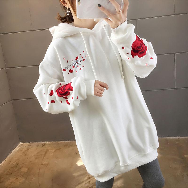 Crane Floral Embroidery Harajuku Hoodies Women Autumn Winter Thick Fleece White Black Hooded Pullover Tops Oversized Streetwear Hip Hop Sweatshirts