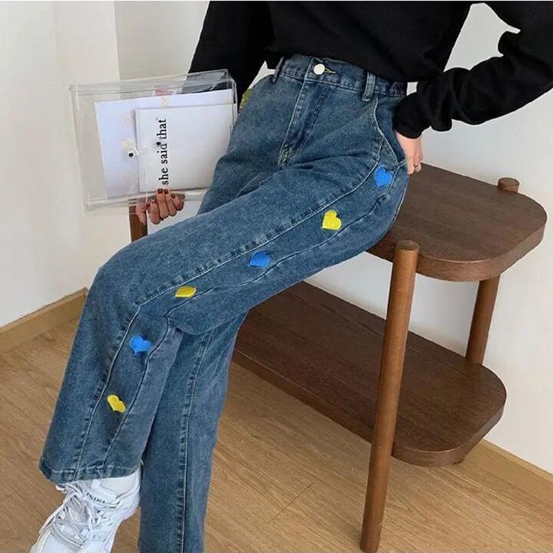 WTEMPO Love Embroidered Jeans Women's High Loose Casual Washed Denim Straight Long Wide Leg Pants