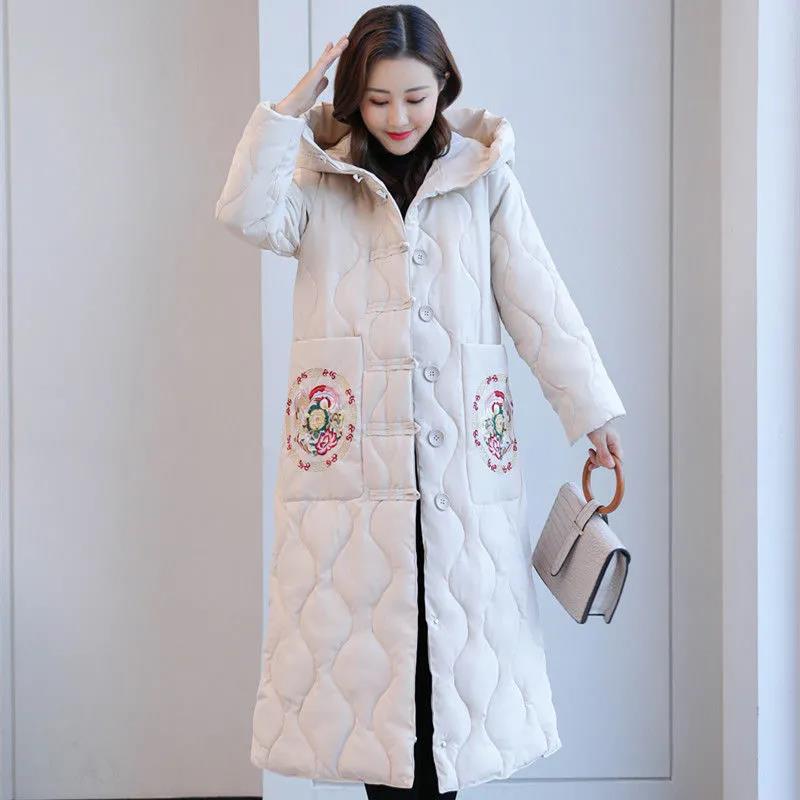 Winter Women's Down Jacket Retro Embroidery Long Cotton Jacket Thick Warmth Folk Style Over-the-knee Windbreaker Jacket