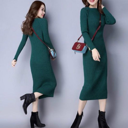 Pofulove Fit Thickened Hip Knit Dress Long Over-The-Knee Sweater Dress Women's Half-High-Neck Slim