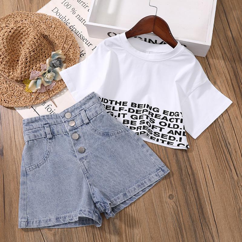 2PCS Children Clothing Set Spring Summer Girls Suits High Waist Denim Shorts Printing Letter Middle Sleeve Tops Clothing Set