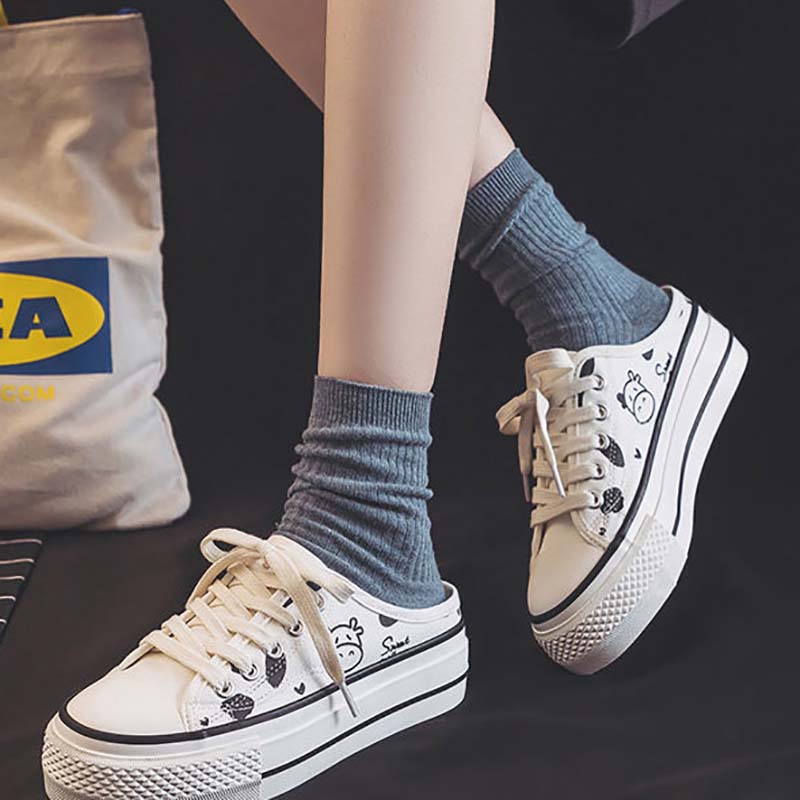 No Heel Half-drag Canvas Shoes Female Cow Korean Students All-match Lazy Thick-soled Increased White Shoes