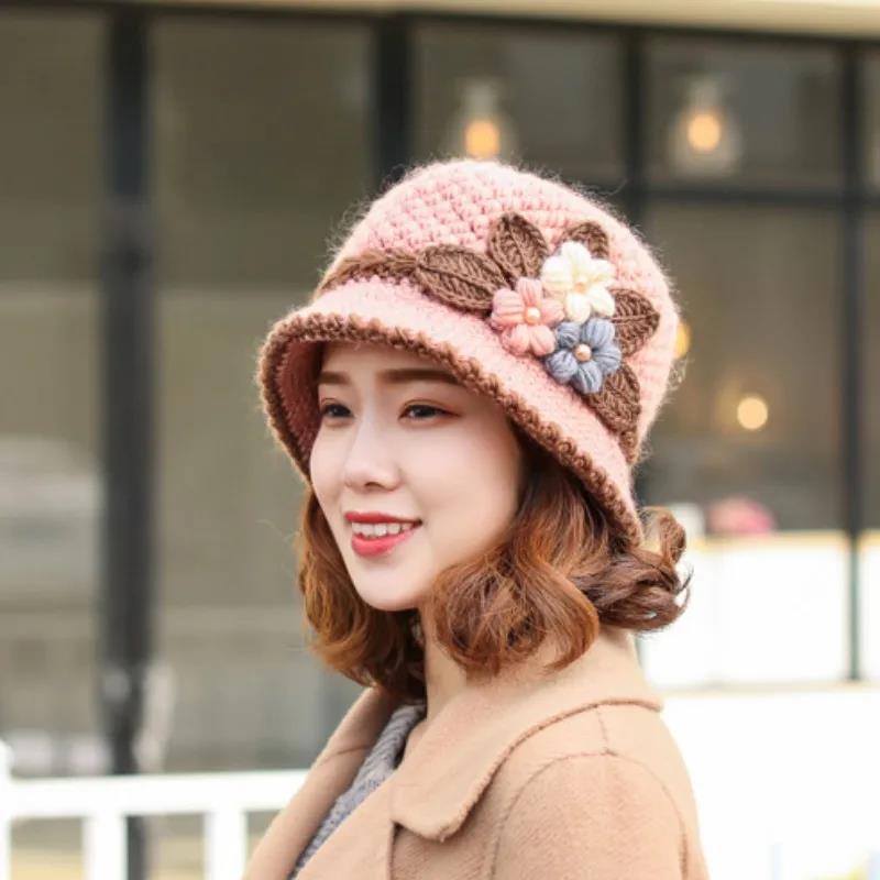 Winter Women's Knitted Hat Classic Handmade Woolen Bowl Hat and Velvet Warm Hat