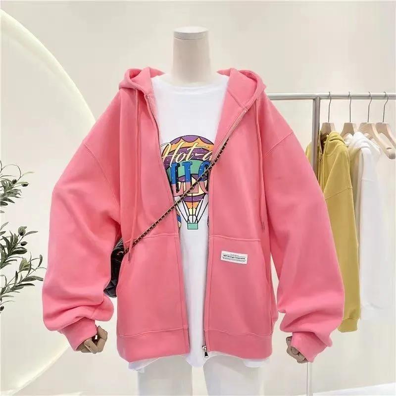 Sweater Women's Spring and Autumn 2021 Leisure All-match Pocket Solid Color Zipper Cardigan Hooded Long-sleeved Jacket