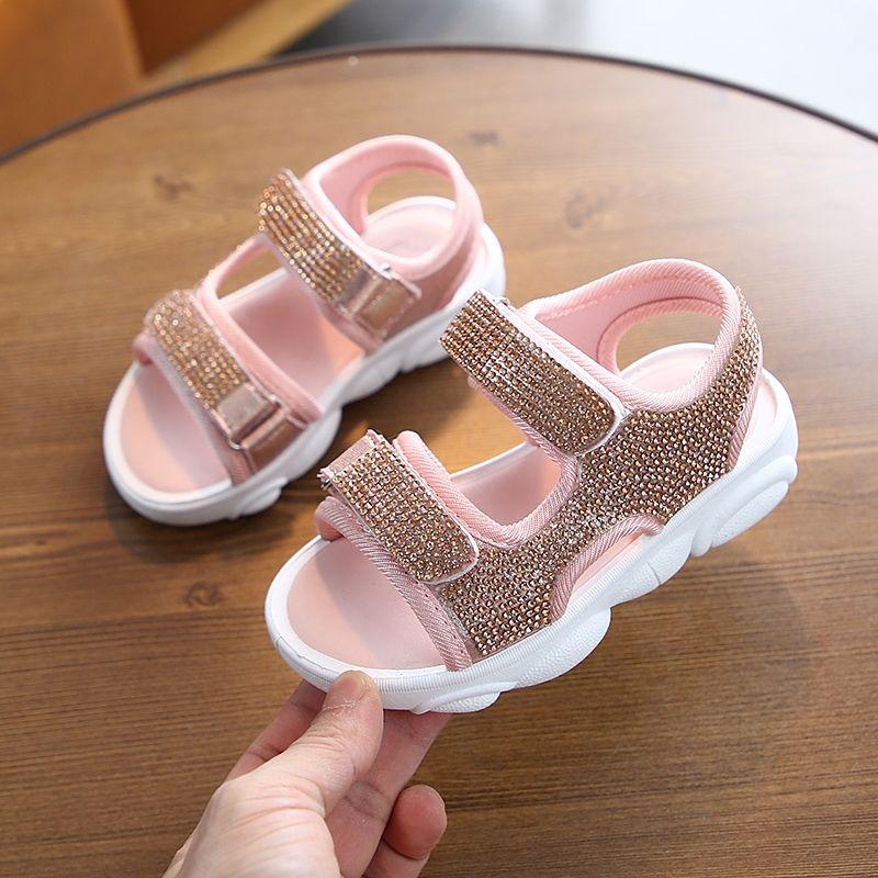 Girls Summer Bright Diamond Sandals Little Girls Children Students Flat Princess Shoes Soft Bottom Baby Beach Breathable Lightweight Shoes