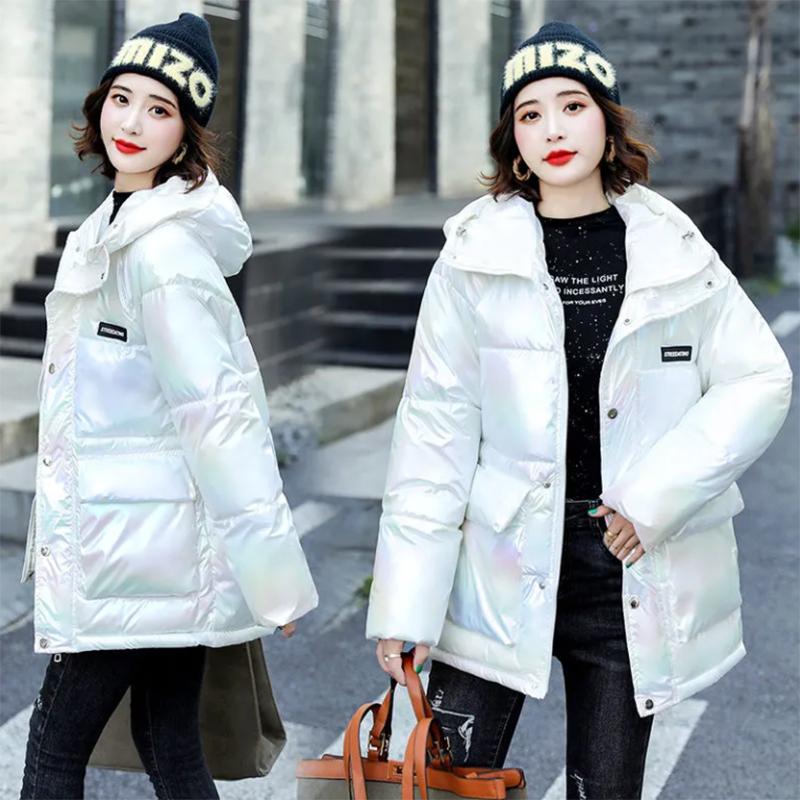 Women's Glossy Mid-length Down Jacket Winter Korean Style Loose Cotton Clothes Casual Hooded Padded Jacket