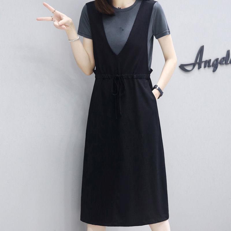 Cotton Top Dress Female Mid-length Suspender Skirt Suit Loose and Thin Two-piece Round Neck Short-sleeved T-shirt + Suspender Skirt