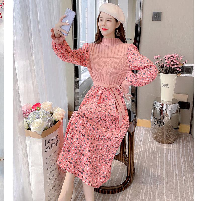 Autumn  Winter Corduroy Dress Women's Knitted Stitching Long-sleeved Long Floral Dress Sweet A-line Dress with Belt