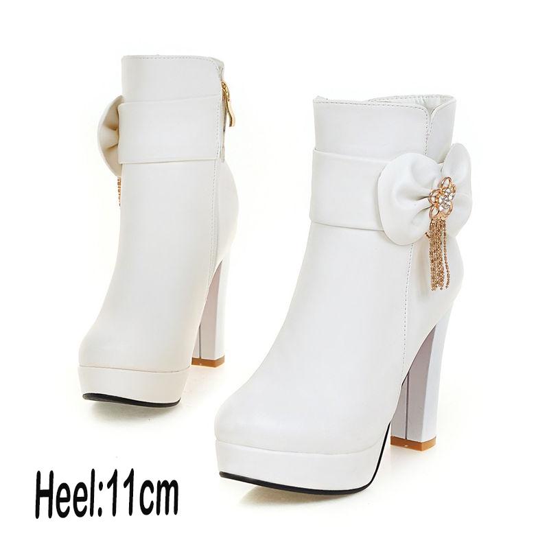 Sweet Ladies Booties Rhinestone Bow Side Zipper High Heel Ankle Boots Female Winter Plush Boots