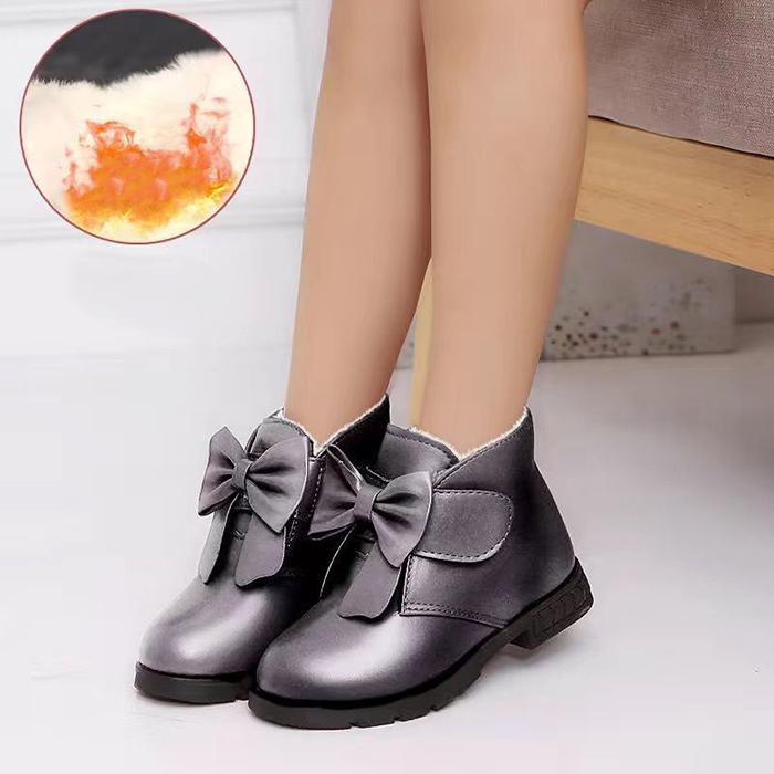 Children's Shoes In Autumn and Winter Soft Sole Non Slip Plush Cotton Boots Girls' Bowknit Solid Color Mid Top Snow Boots