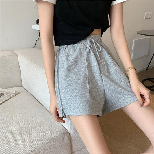 WTEMPO Women's Plus Size Loose Zipper Wide-leg Casual Pants Student Sports Shorts Elastic Waist Convenient Big Pocket Gym Stadium