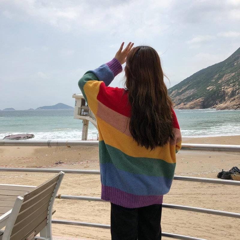 Pofulove Sweet Rainbow Striped Sweater Female Korean Lazy Loose Hit Color Pullover Sweater Coat