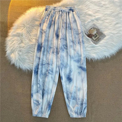 Women Spring Summer Long Pants Vintage High Waist Casual Pants Elastic Waist Loose Versatile Streetwear Tie Dyed Jogger Pants