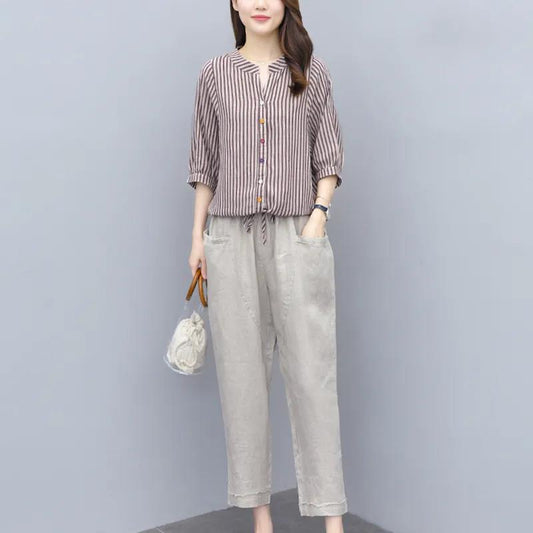 Cotton and Linen Suit Women's Striped Top Trousers Casual Two-piece Suit Pants Striped Shirt Elastic Waist Casual Pants Ladies Loose Casual Suit