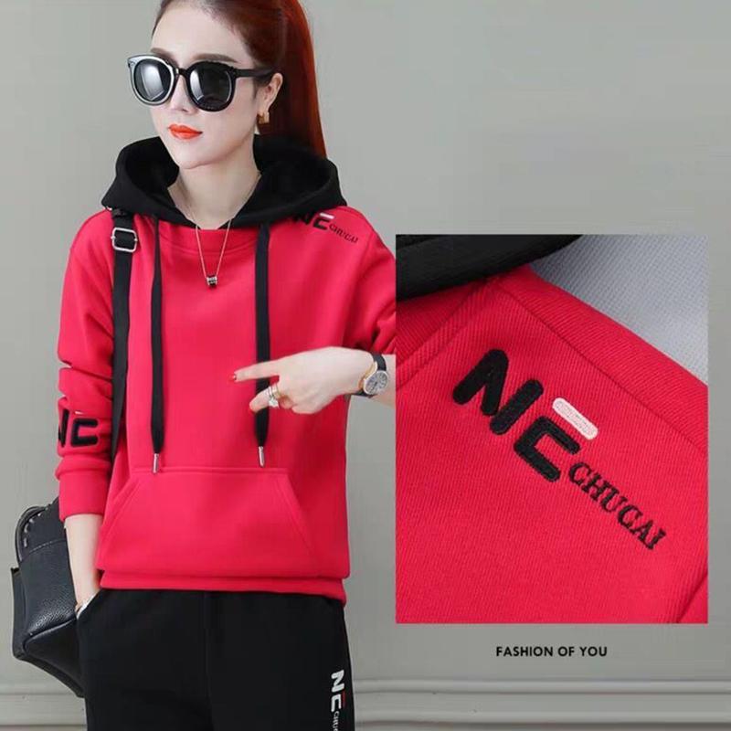 Plus Velvet Thickened Leisure Sports Suit Women Loose Hooded Hoodie Two-piece Fabric Breathable Warmth and Comfort