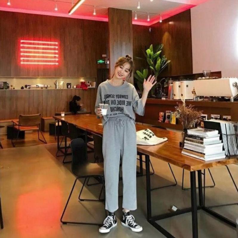 2PCS Summer Student Loose Letter Short Sleeve T-Shirt + Straight Ninth Pants Ladies Casual Sports Two-piece Suit Jogging Suits for Girl