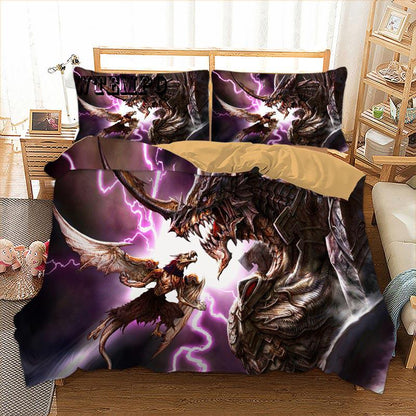 3PCS/Set Quilt Cover 3D Lightning Pterosaur Pattern Comfortable Breathable Soft Bedding Set