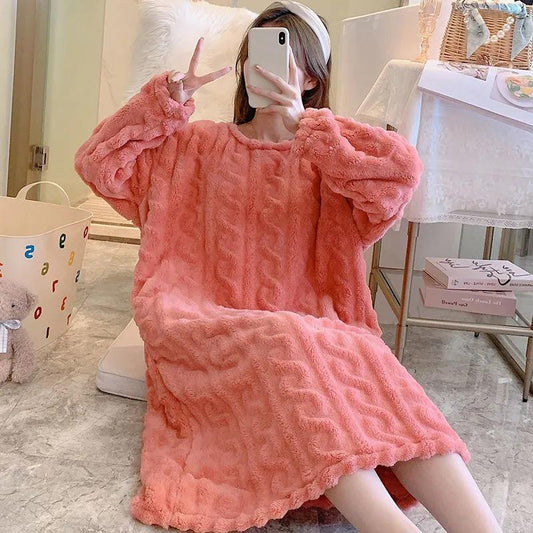 Women's Autumn Winter Thickened Coral Fleece Nightdress Large Size Loose Out Wear Warm Flannel Pajamas Solid Striped Crochet Maternity Pajamas