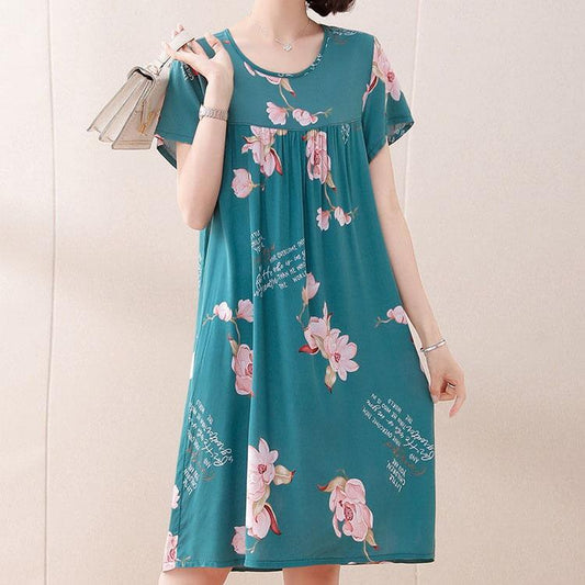 Women's Spring Summer Cotton Nightdress Plus Size Loose Printed Pajamas Round Neck Casual Mid-length Dress