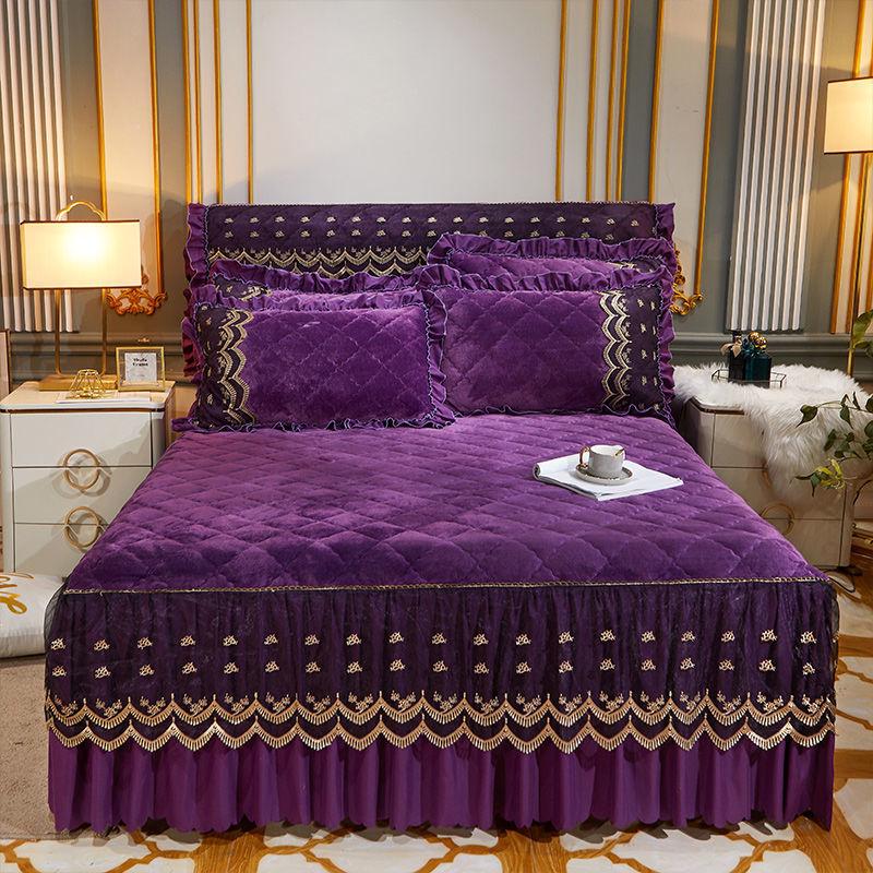 3pcs/set High-grade Crystal Velvet Bed Skirt Pillowcases Three-piece Anti-skid Warm Bedspread Thickened  Bedding