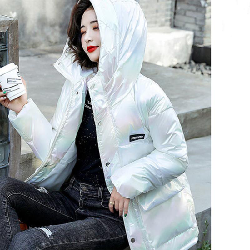 Women's Glossy Mid-length Down Jacket Winter Korean Style Loose Cotton Clothes Casual Hooded Padded Jacket