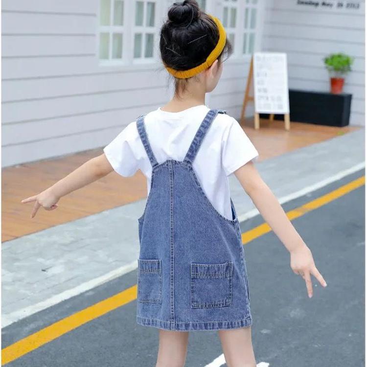 2PCS Children Clothing Set Spring Summer Girls Suits Denim Skirt Solid Color Printing Short Sleeve Strap Skirt Suit Clothing Set