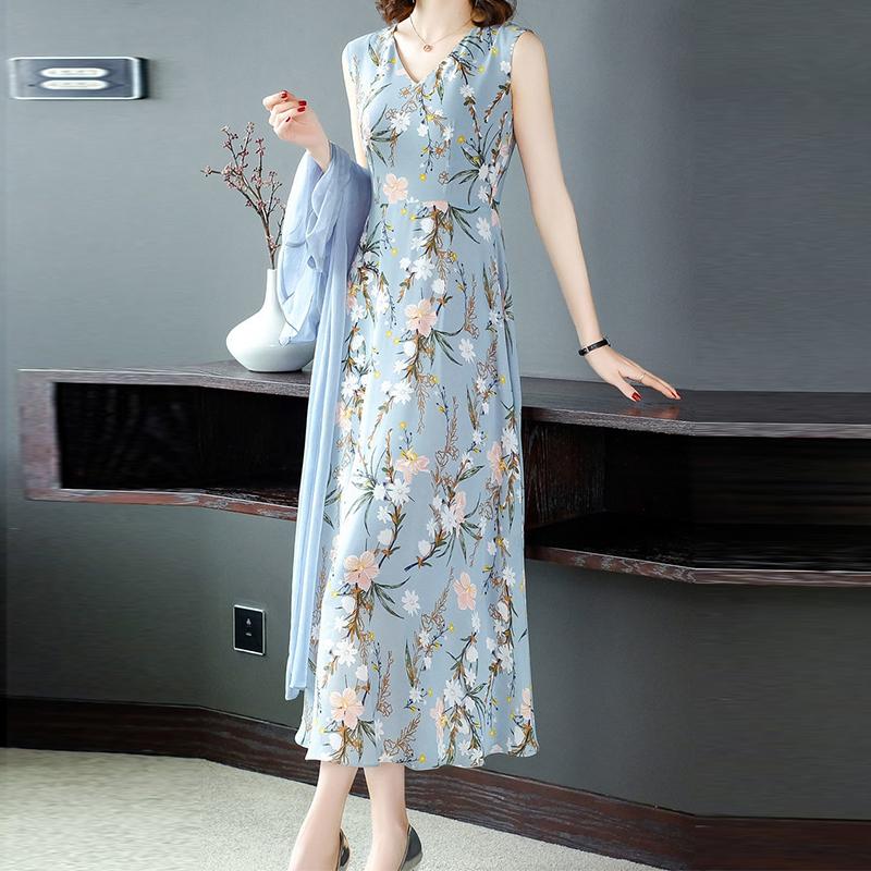 Hiffon Suit 2021 Spring Summer and Autumn Women's Fashion Age Reduction Slim Waist Cardigan Printed Vest Dress Two-piece Suit