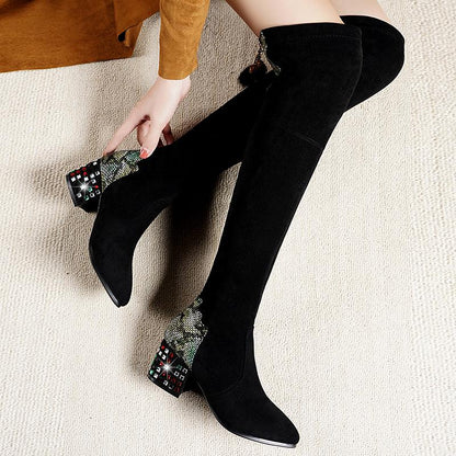 Women Over The Knee High Boots Hoof Heels Winter Shoes Pointed Toe Sexy Elastic Fabric Women Boots